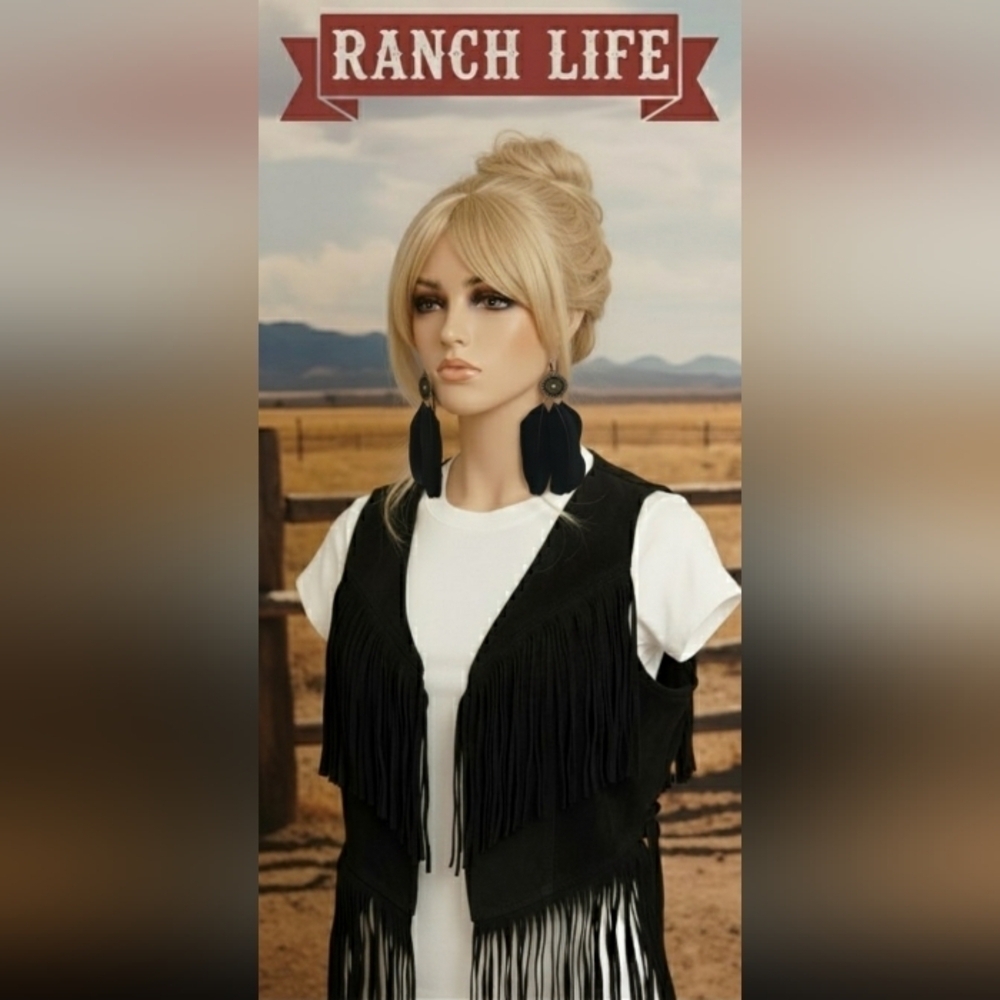 New Black Boho Western Cowgirl Feather Dangle Earrings
